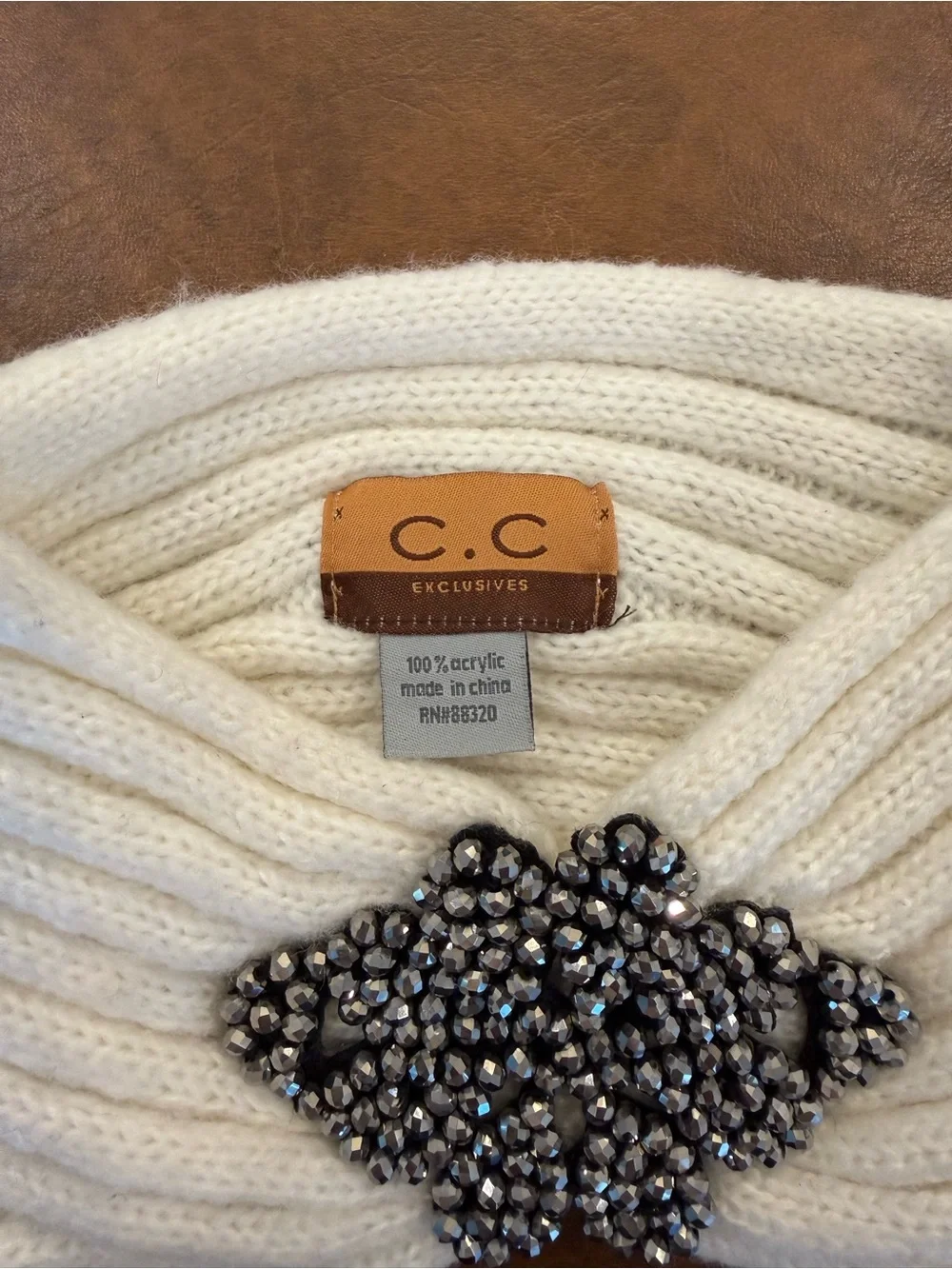 Crystal-Embellished Cream Knit Headband